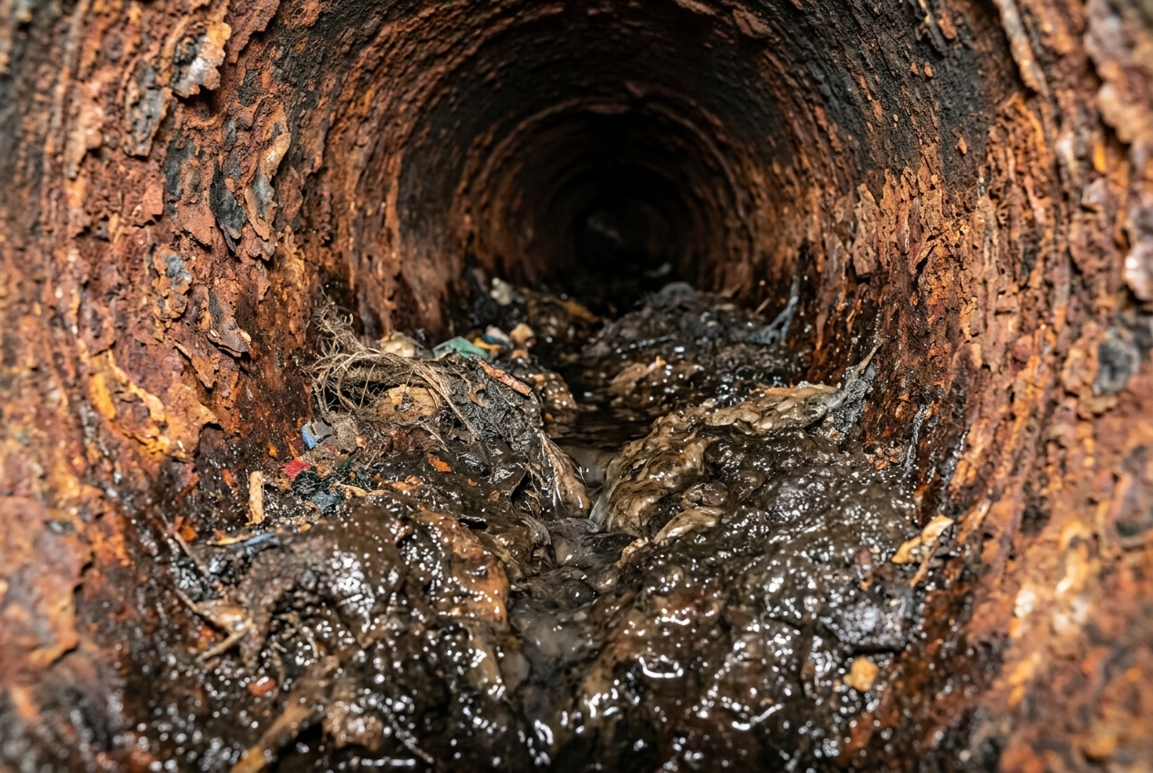 Clogged drain pipe before hydro-jetting