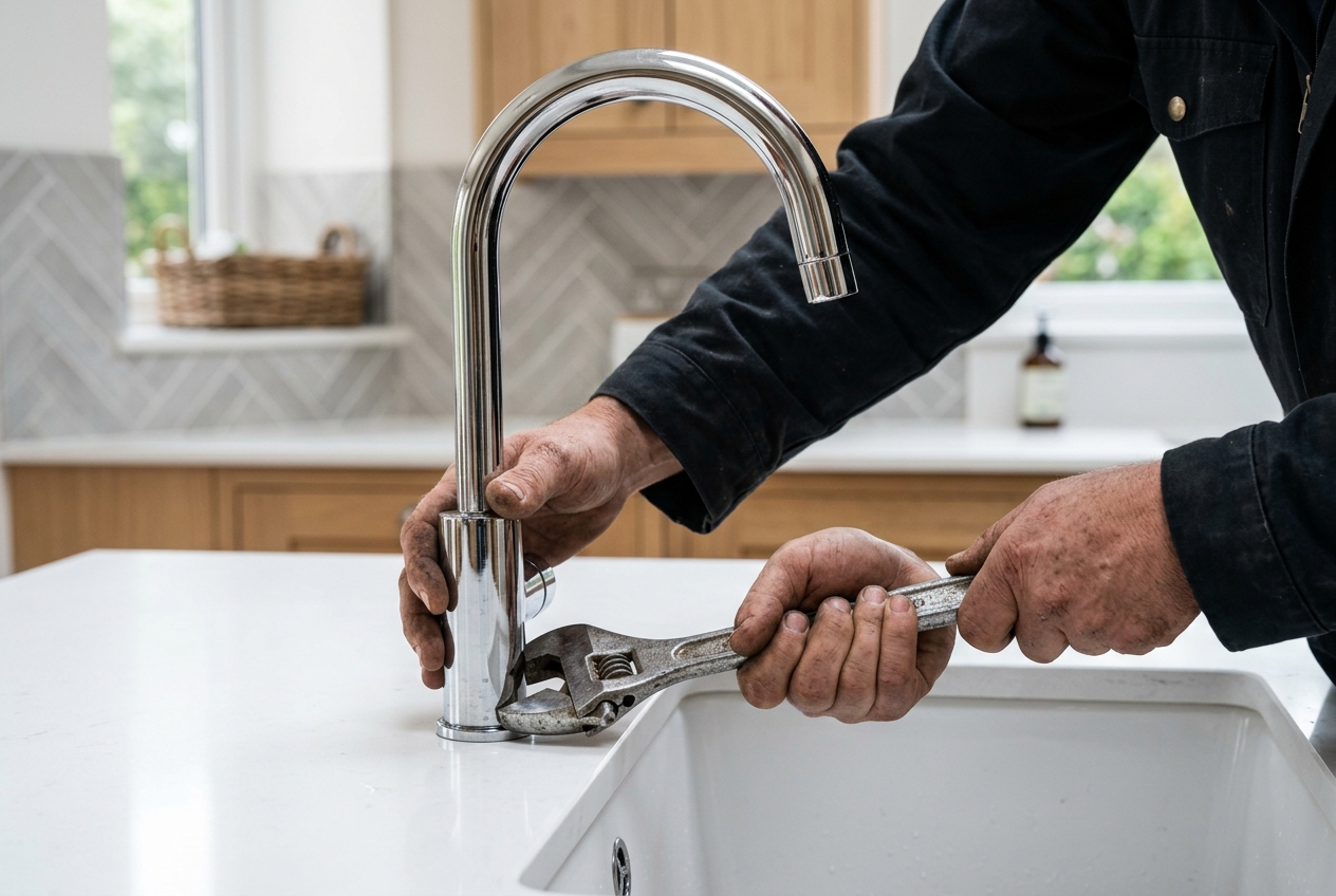 Close-up of plumber hands using a wrench to install a modern chrome kitchen faucet fixture onto a white sink