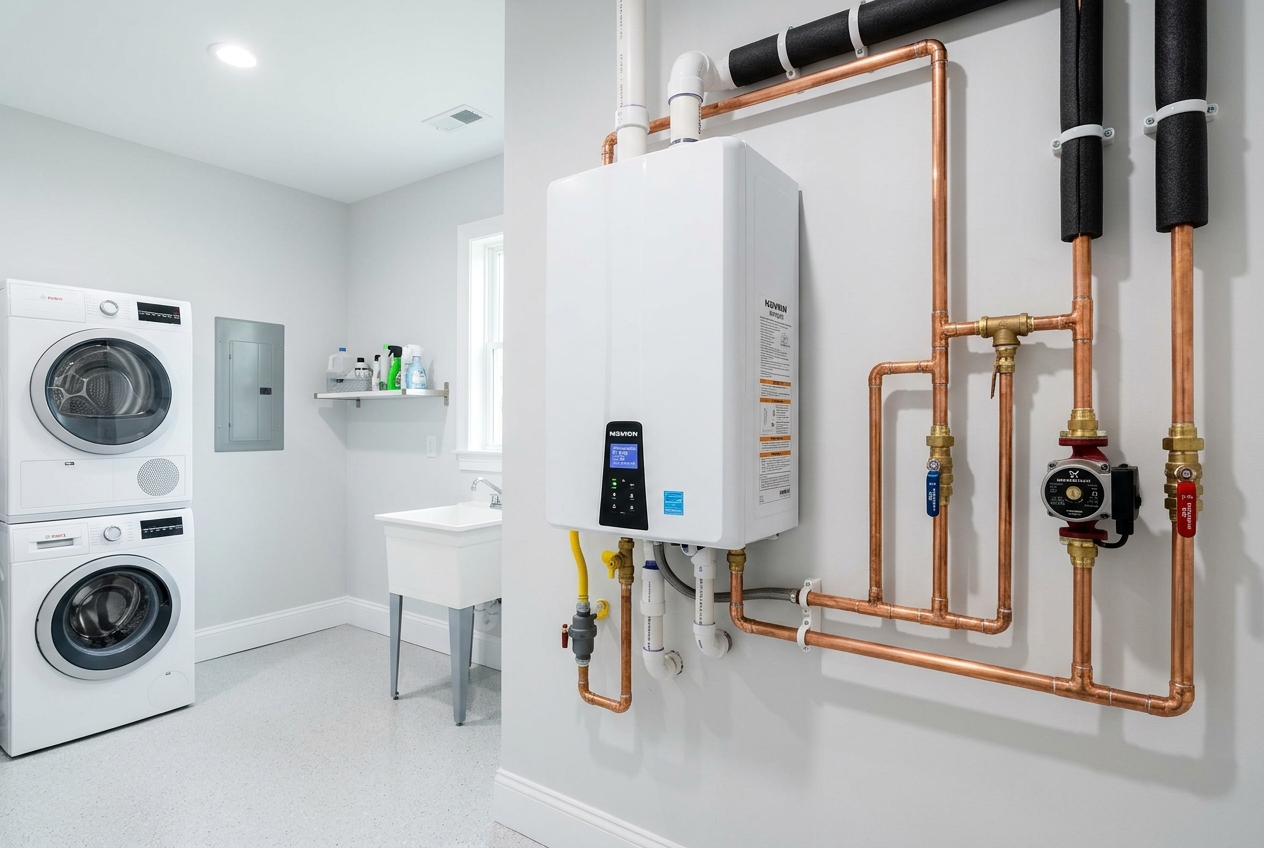 New wall-mounted tankless water heater after upgrade