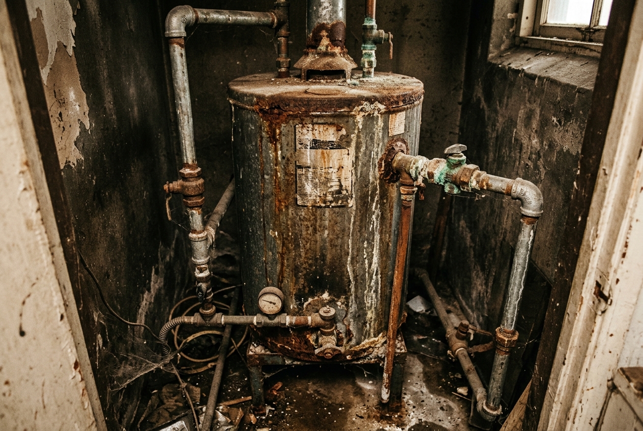 Old rusted water heater tank before upgrade