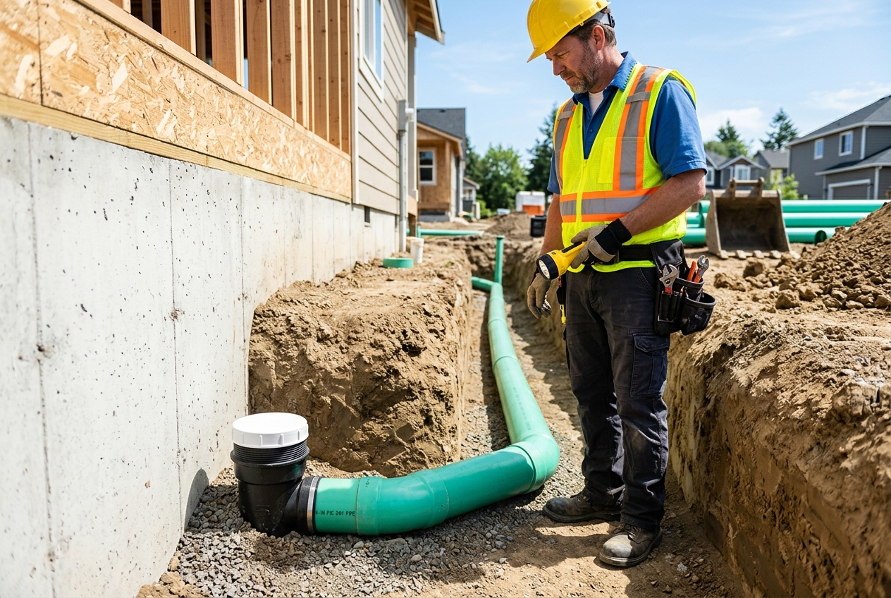 Plumber inspecting a newly installed PVC sewer main line inside a residential excavation trench